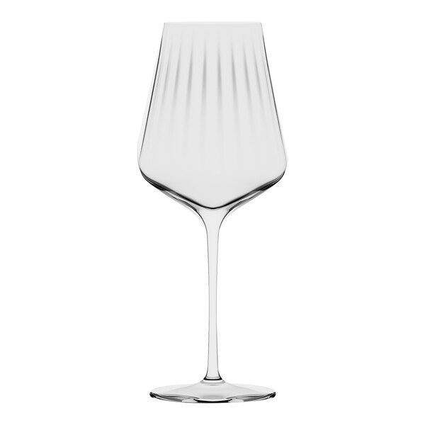 A close-up of a clear Stolzle Bordeaux wine glass with a long stem.