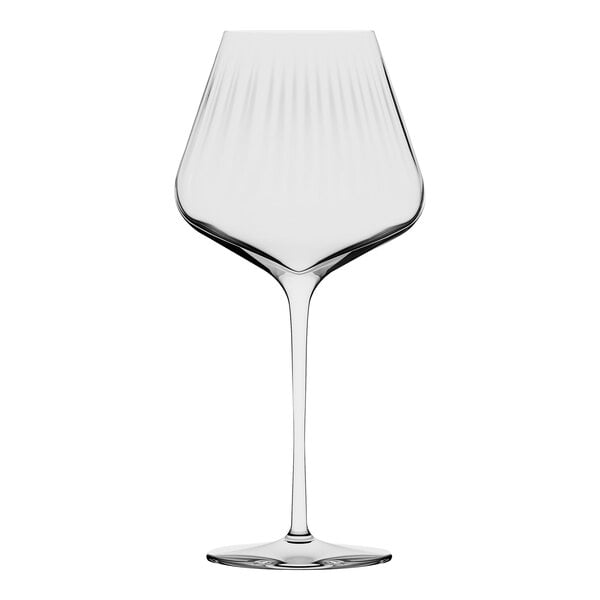 A clear Stolzle Burgundy wine glass with a long stem.