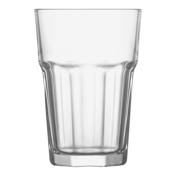 A clear glass with a white background.