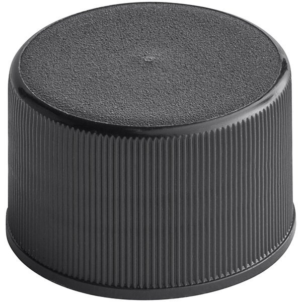 A 24/410 black plastic bottle cap with a black foam liner.