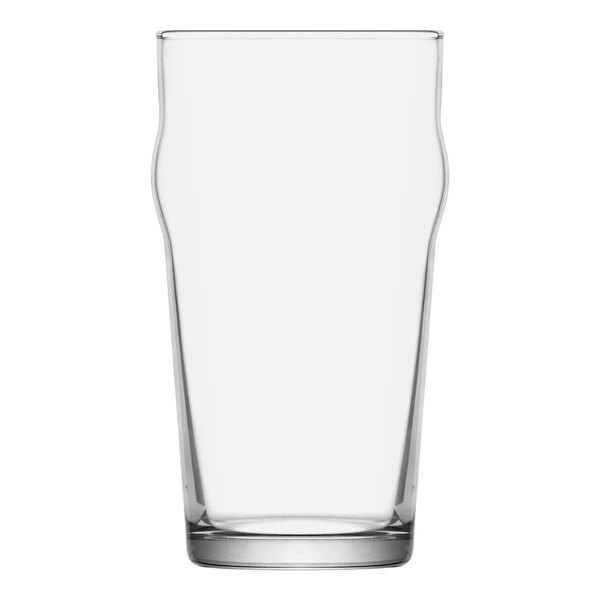 A RAK Youngstown Auburndale stackable nonic beer glass with a curved neck on a white background.