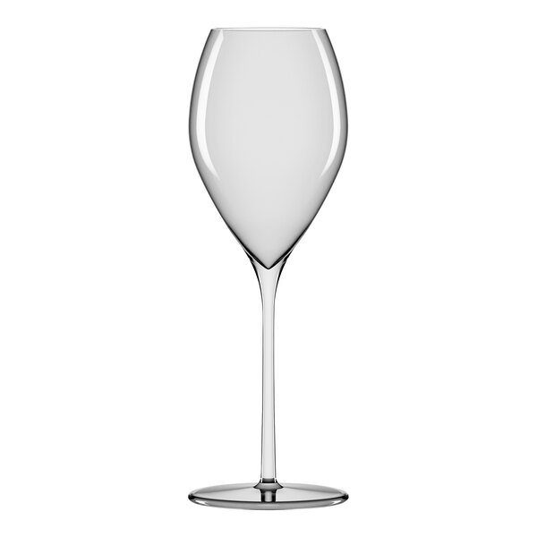 A clear Stolzle wine flute with a long stem.