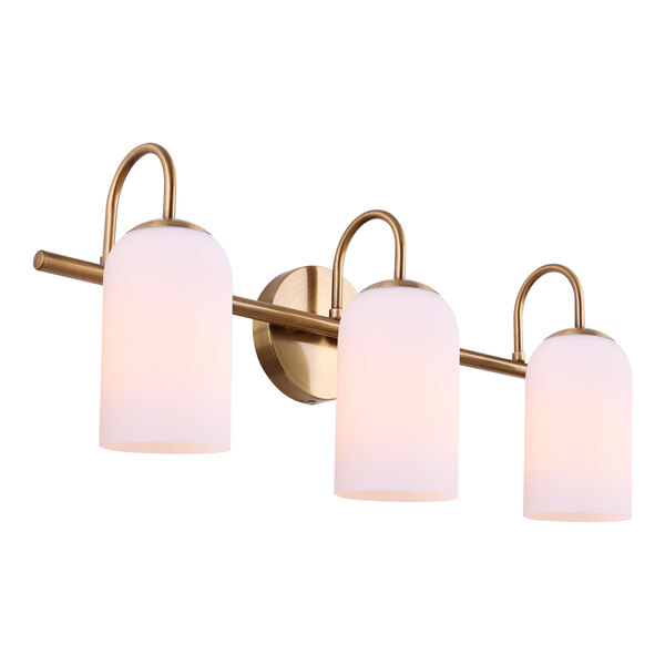 A Canarm Novalee gold three-light vanity light with white glass shades.