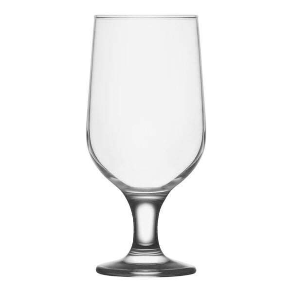 A clear glass with a foot and a red band.