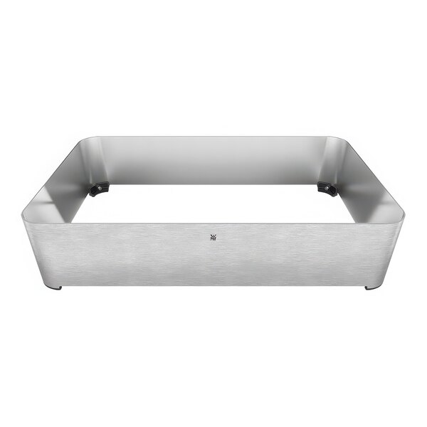 A rectangular stainless steel buffet frame by WMF with a handle.
