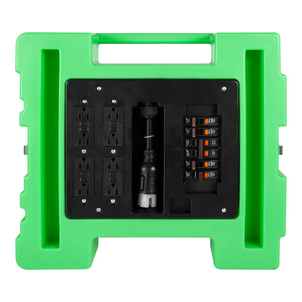 A green plastic PURAERO power distribution box with multiple outlets inside.