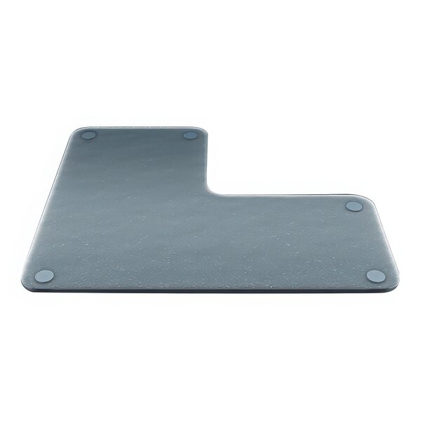 A smoked glass L-shaped plate with metal corners.
