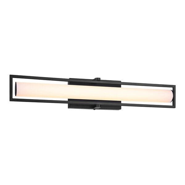 A Canarm Jori matte black LED vanity light with a rectangular white glass shade.