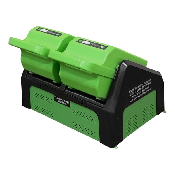 A green and black Newcastle Systems PowerSwap Nucleus Classic PowerCharge dual charging station.