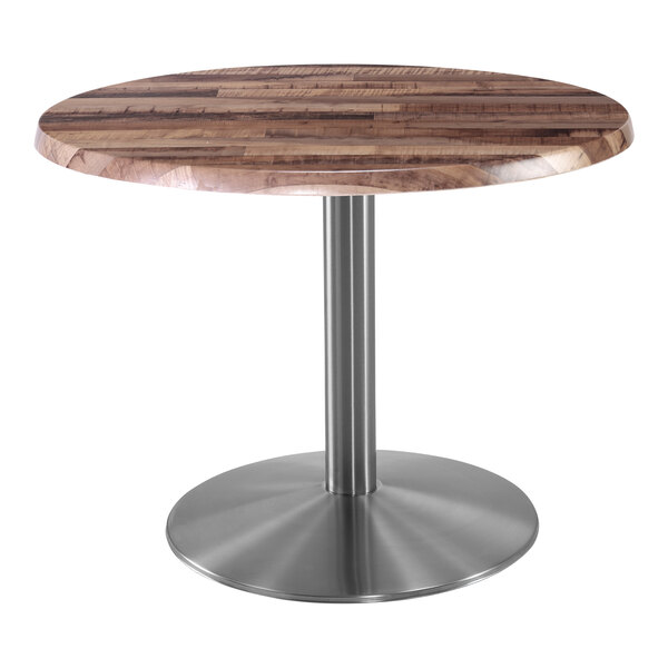 A Holland Bar Stool EnduroTop 30" round wooden table with a metal base.