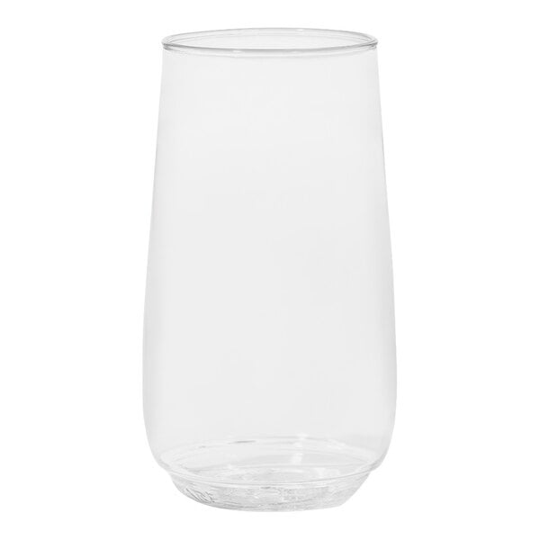 A close up of a clear Tossware plastic champagne flute.