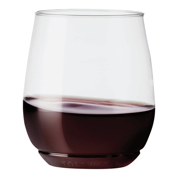 A Tossware plastic Vino glass filled with dark liquid.