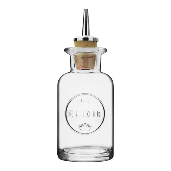 A Luigi Bormioli round glass bitters bottle with a wooden lid.