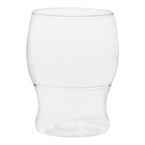 A close up of a clear Tossware plastic pint glass with a curved bottom.