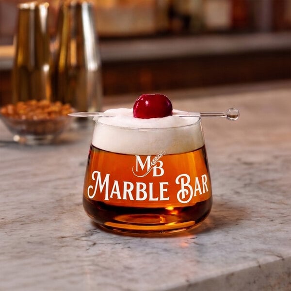 A clear plastic rocks glass with the words 'Marble Bar' printed on it, filled with a brown beverage, topped with foam, and garnished with a cherry on a stir stick.