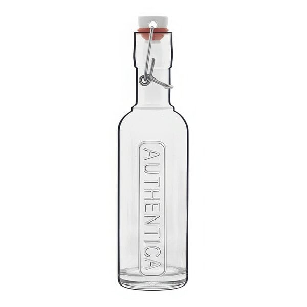 A Luigi Bormioli Optima Authentica clear glass bottle with wire bail lid.