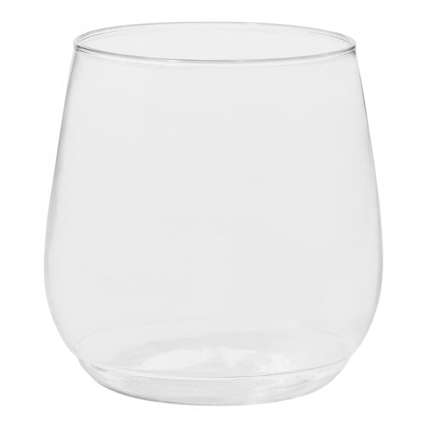 A close-up of a clear Tossware Vino Jr. plastic glass.