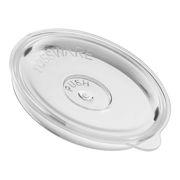 A clear plastic Tossware lid with a straw slot.