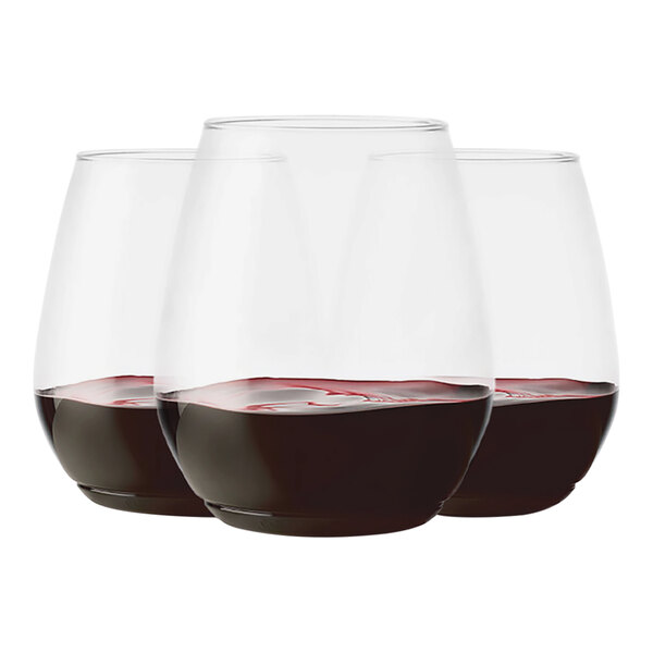 Three Tossware Vino XL plastic wine glasses filled with red wine.
