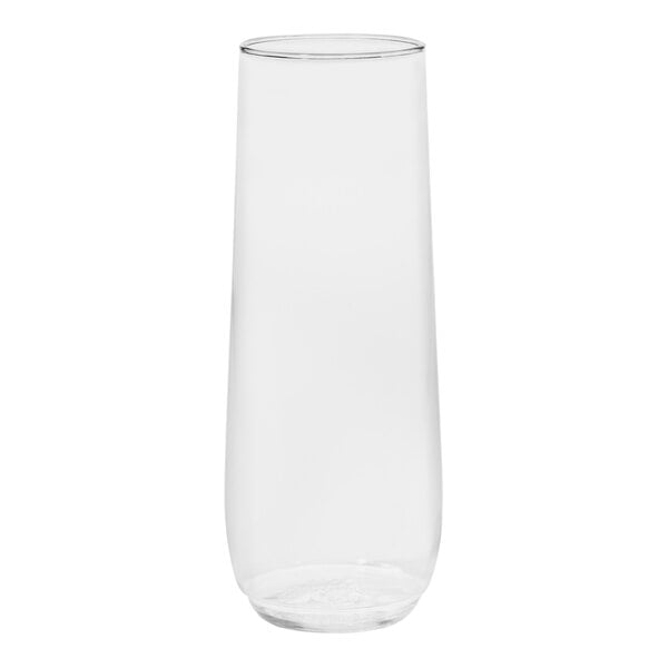 A clear Tossware plastic champagne flute with a white background.