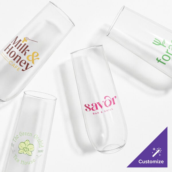 Three Tossware plastic champagne flute glasses with different logos on them.