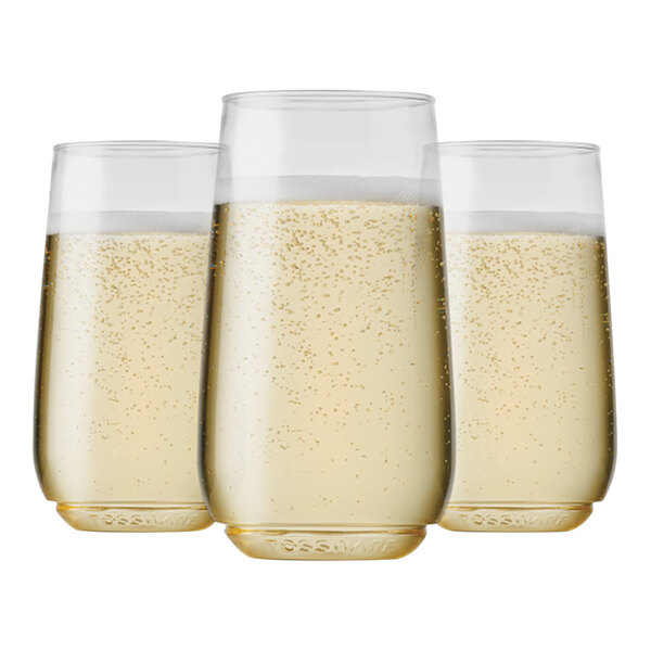 Tossware POP plastic champagne flutes filled with champagne.
