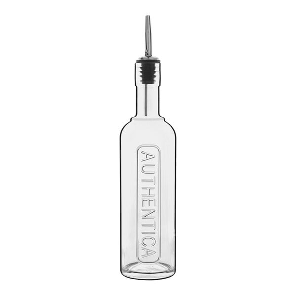 A Luigi Bormioli clear glass bottle with a metal pourer lid.