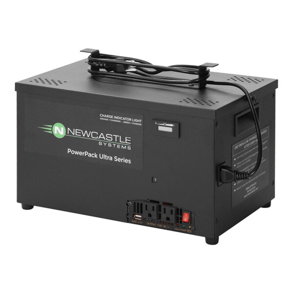 A black Newcastle Systems PowerPack Ultra Series portable power system with plugs.