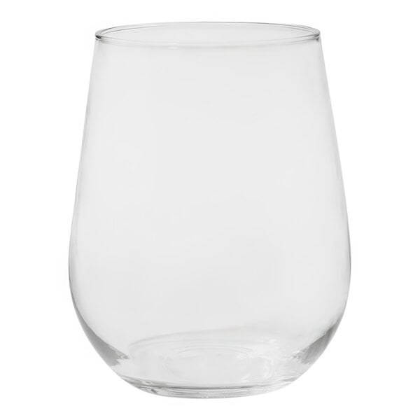 A Tossware clear plastic stemless wine glass.