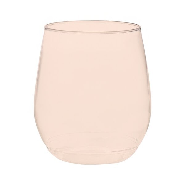 A clear plastic wine glass with a coral pink rim.