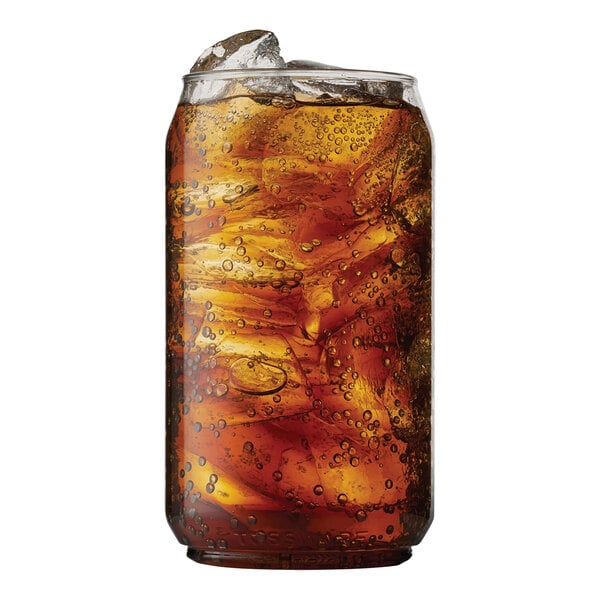 A Tossware plastic can glass filled with soda and ice.