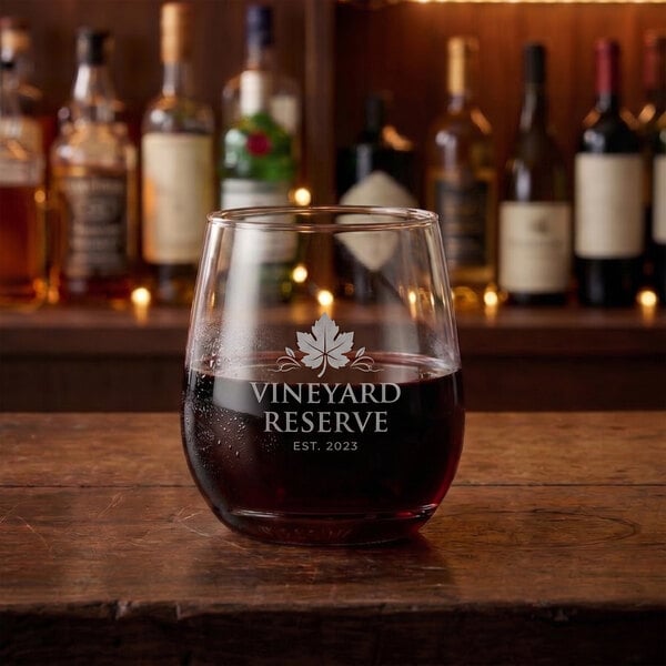 A clear plastic wine glass filled with red wine, featuring the text 'Vineyard Reserve Est. 2023' on the front.