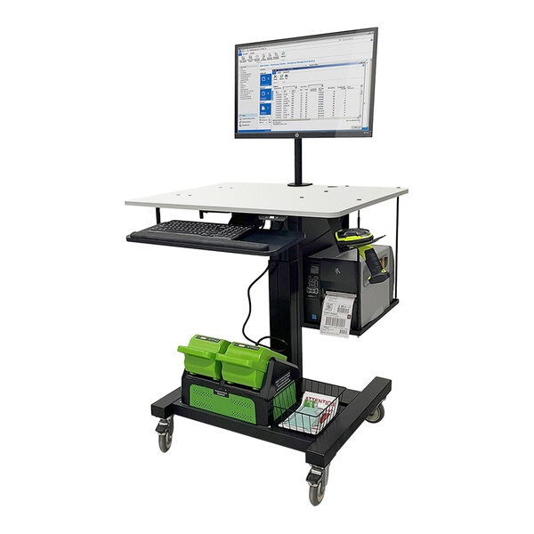 A Newcastle Systems adjustable height sit/stand mobile work station with a computer on it.