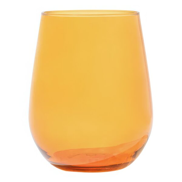 A close up of a Tossware amber stemless wine glass.