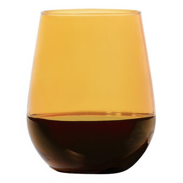 A Tossware Reserve Amber Tritan plastic stemless wine glass with brown liquid.
