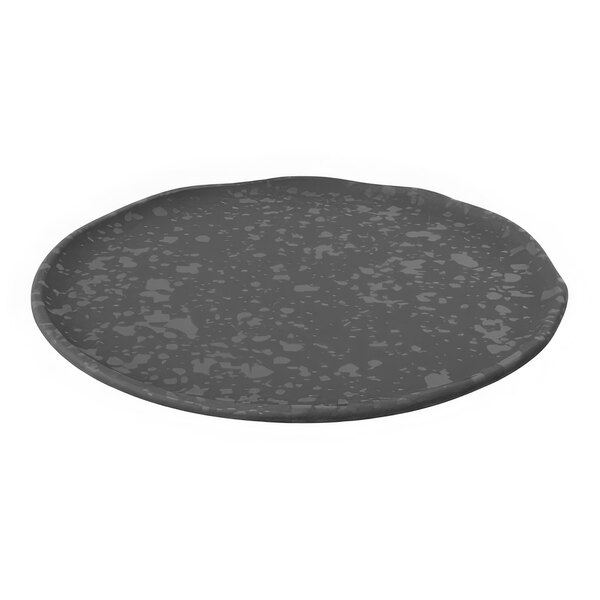 A black round Dalebrook melamine plate with a white speckled surface.