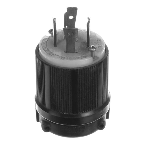 A black metal NEMA L15-30P electrical plug with a white circle.