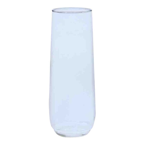A clear plastic Tossware flute with a white background.
