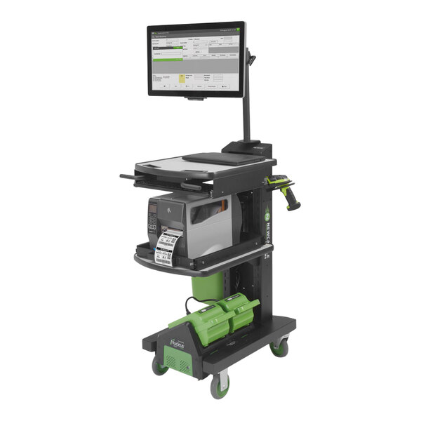 A black Newcastle Systems NB Series sit/stand mobile work station with a computer on it.