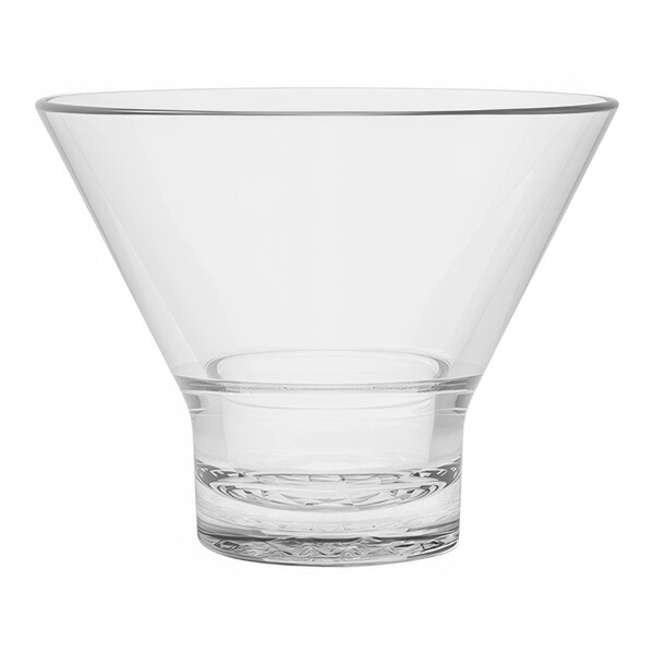 A clear Tossware stemless martini glass with a cone shaped bottom.