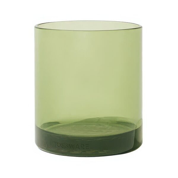 A green Tossware Rocks glass with a black rim.