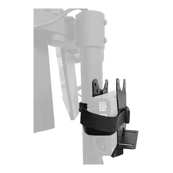 A black Newcastle Systems thin client holder with a strap attached to it.