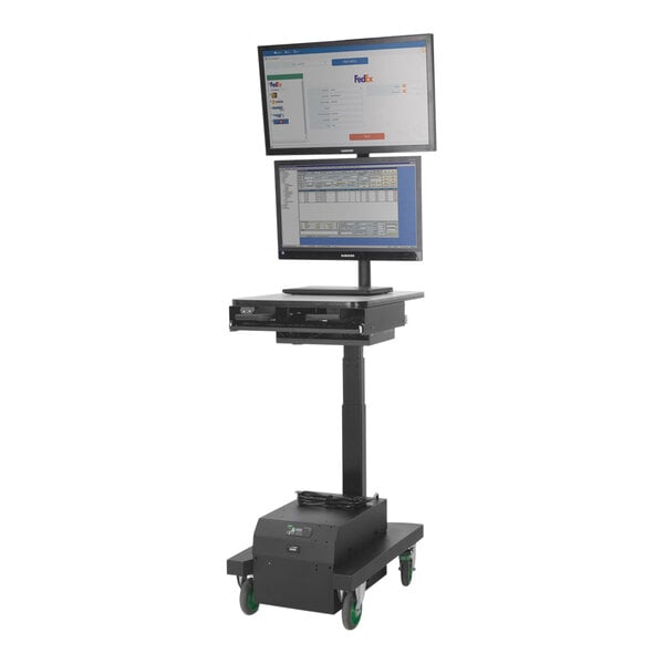 A Newcastle Systems black adjustable height sit/stand computer cart with power strip and laptop on it.