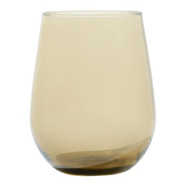 A Tossware plastic stemless wine glass with a brown bottom on a white background.