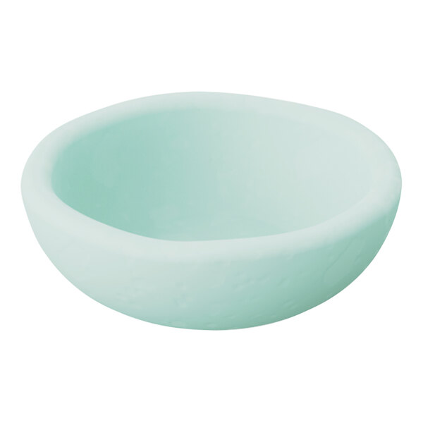 A Dalebrook Aqua Crackle Melamine Ramekin with a light green color.