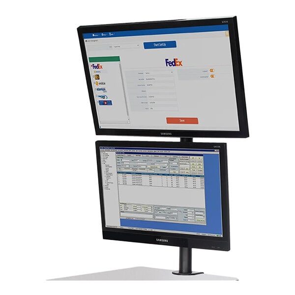 A Newcastle Systems dual monitor holder with two screens on it.