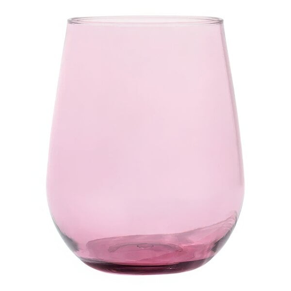 A Tossware Reserve Go-To blush pink plastic stemless wine glass.