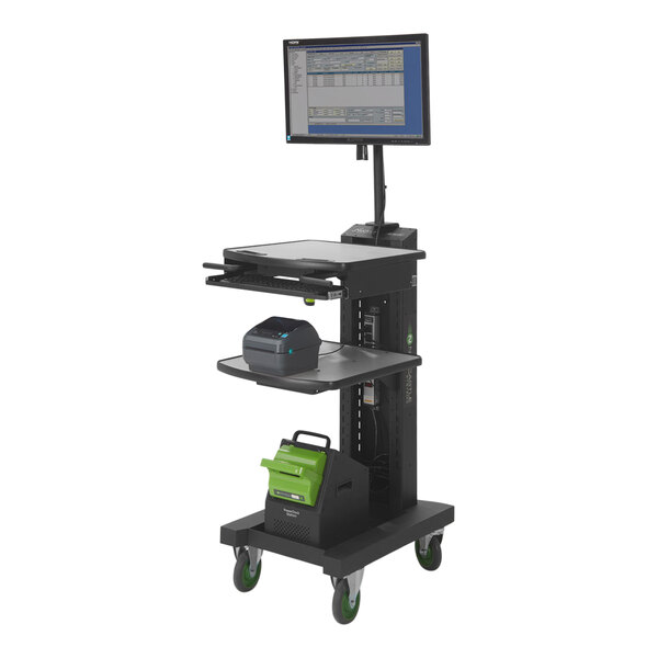 A black Newcastle Systems NB Series sit / stand mobile workstation with a computer screen.