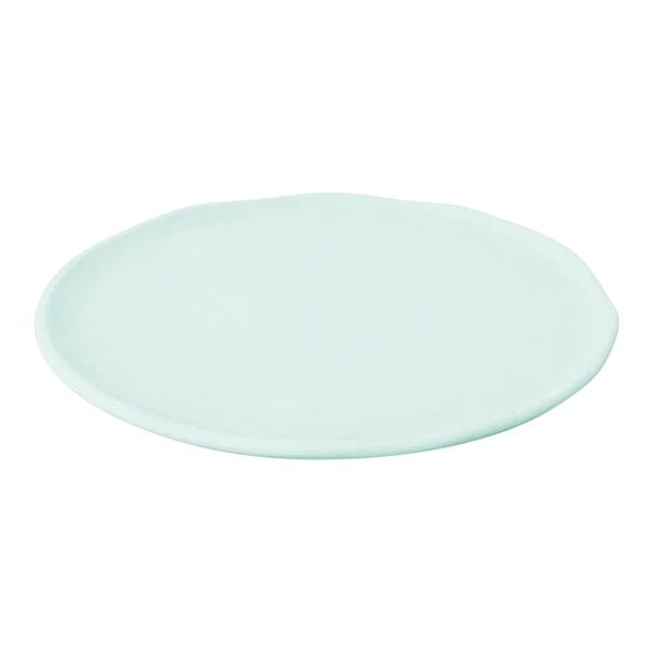 A white Dalebrook melamine plate with an aqua crackle circle.