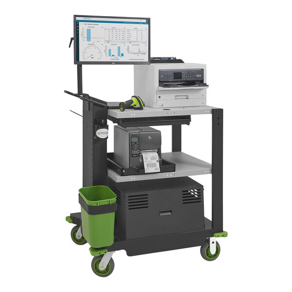 A Newcastle Systems black heavy-duty powered mobile work station with a computer and printer on it.